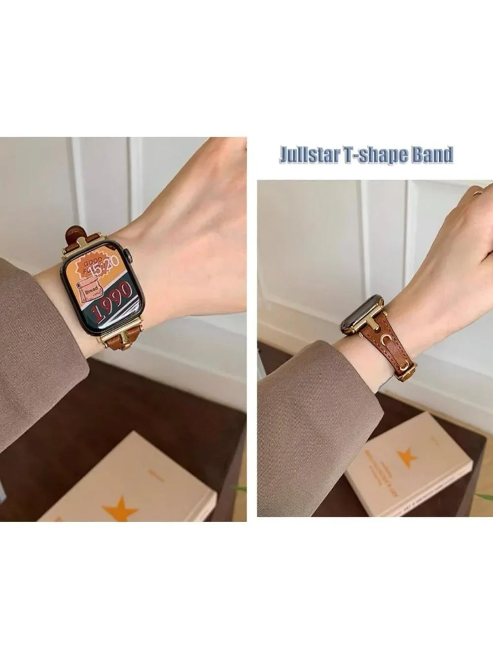 Stylish Brown & Black Leather Apple Watch Band, Gold & Silver Slim Wristband